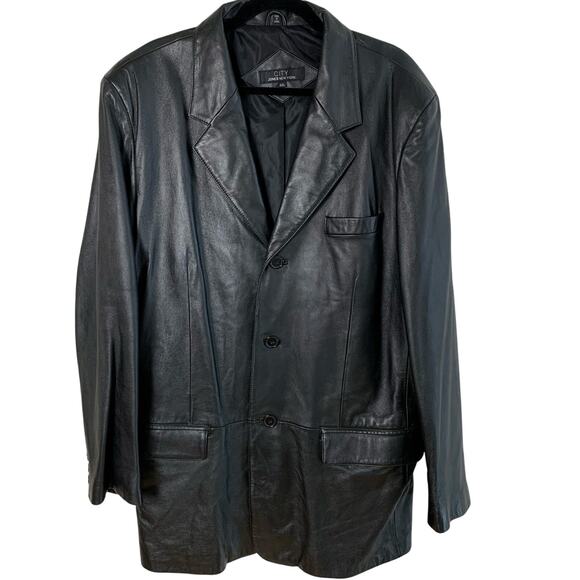 Jones New York City Mens 44L Black Leather Blazer Jacket 3-Button Classic Pocket - Picture 2 of 7